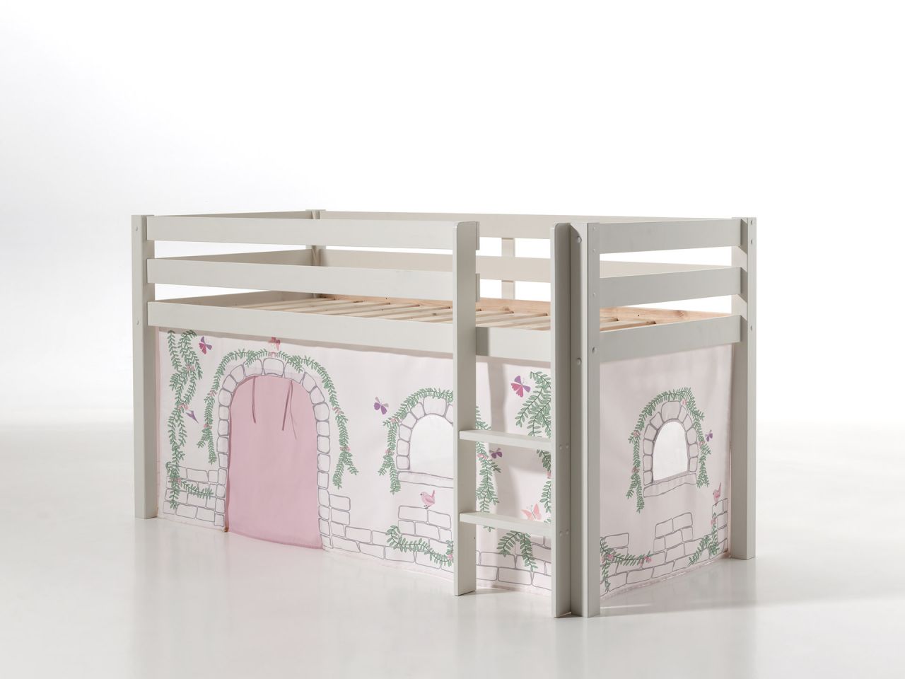 Vipack: 'PINO' Spielbett / Hochbett 90 x 200 mit Vorhang 'Birdy' - Massiv Weiß