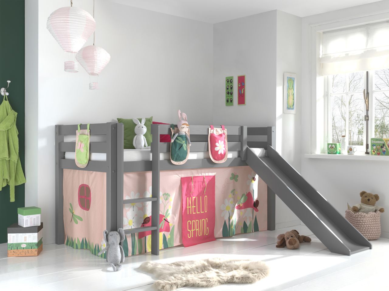 Vipack:Spielbett 'Pino' mit Rutsche+Textilset+3 Taschen -Jugend/Kinderbett Grau