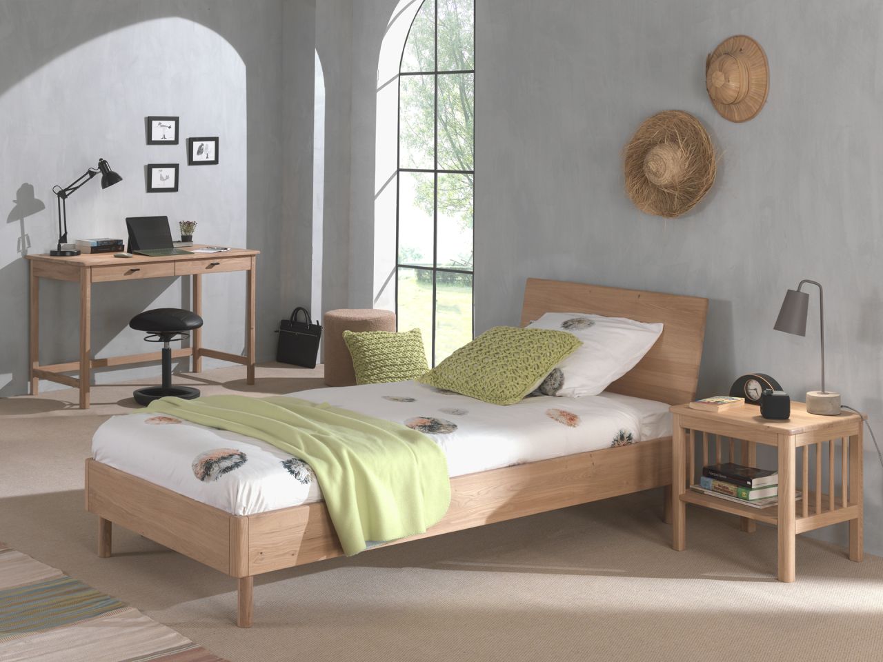 Set Futonbett Nachtkonsole Schreibtisch Lattenrost Jugendzimmer Eiche massiv