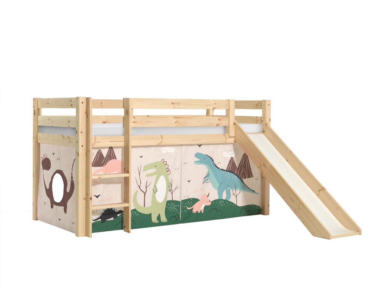 Vipack:'Pino' Halbhohes Bett mit Rutsche und Textilset 'Dino'-Kiefer