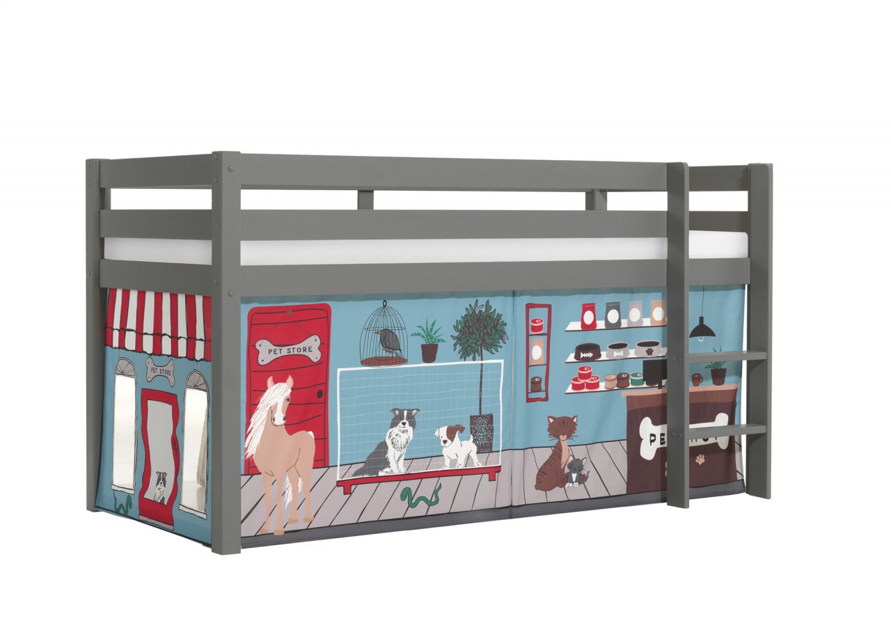 Vipack:'Pino' Halbhohes Bett mit Textilset 'Pet Shop'-Grau