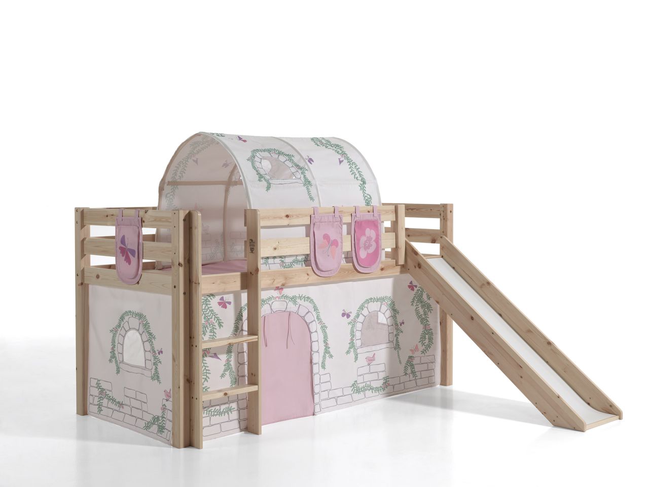 Vipack PINO Spielbett mit Rutsche 90 x 200 und Textilset Birdy - Massiv Natur