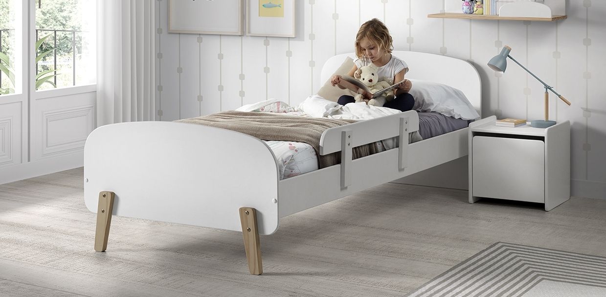 Set Kinderbett Lattenrost Nachtkonsole 90x200 Absturzschutz Kindermöbel weiß