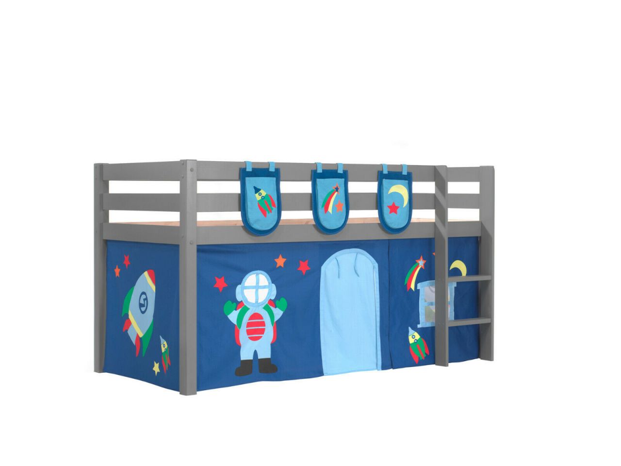 Vipack:Spielbett 'Pino' +Textilset+Taschen- Jugend/Kinderbett Hochbett Grau