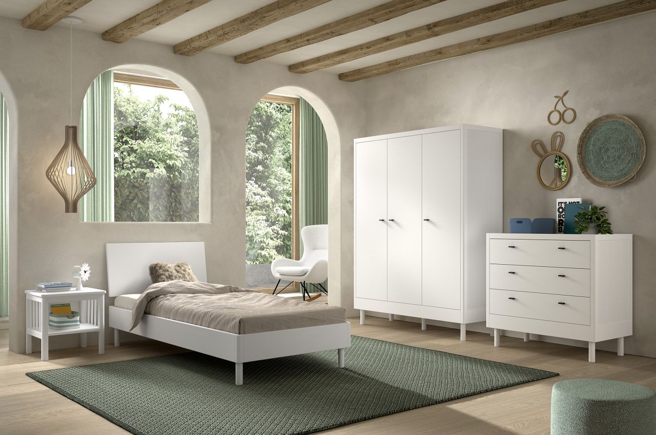 Set Futonbett Schrank 3T Nachtkonsole Kommode Lattenrost Buche massiv Weiß