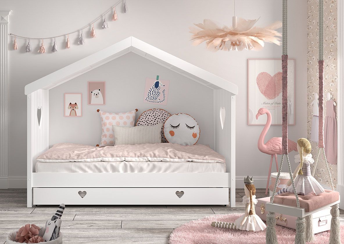 Hausbett 90x200 Bettschublade Kinderbett Einzelbett Lattenrost Herz Weiß Möbel