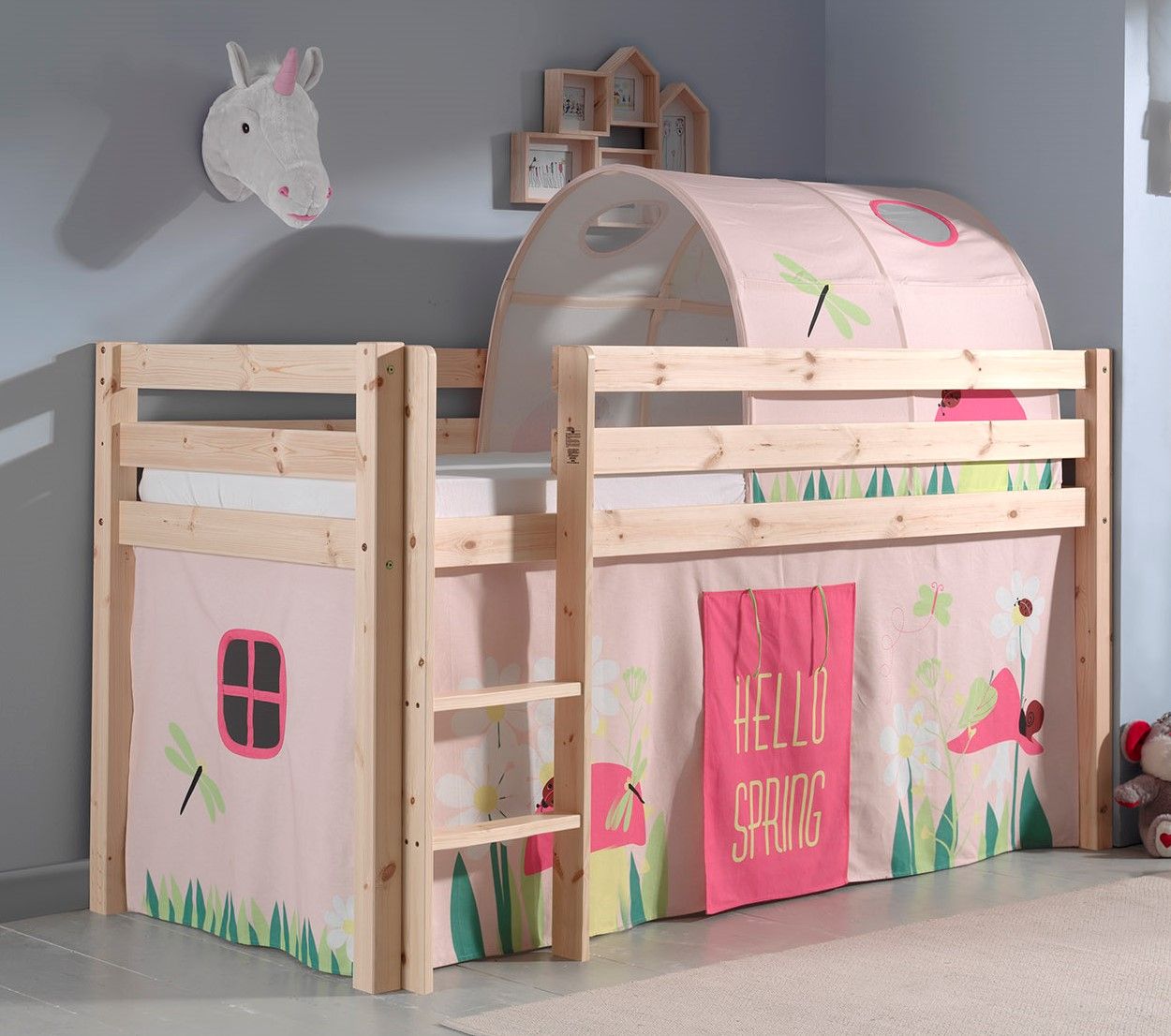 Spielbett Hochbett Kinderbett 90x200 Vorhang Blumen Rosa Tunnel Holzbett Pink