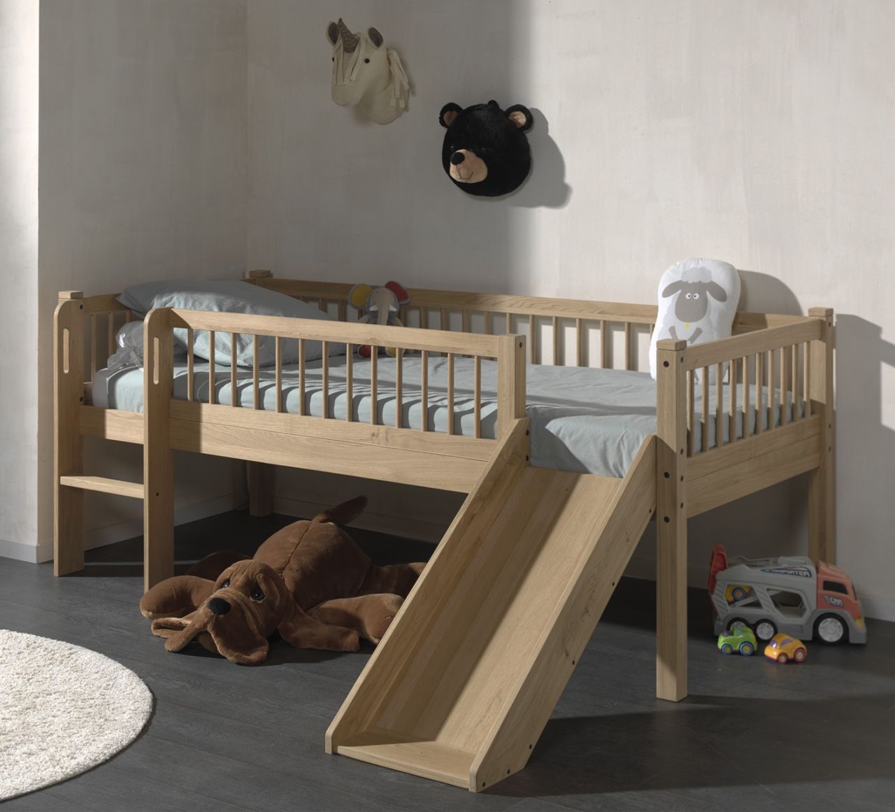 Junior-Spielbett Höhe 85 Leiter Rutsche Lattenrost 90x200 Eiche natur geölt