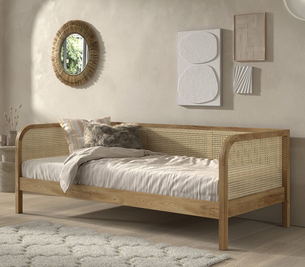 Kojenbett 90x200 Rattan-Geflecht Day-Bett Lattenrost Jugendbett Singlebett Eiche