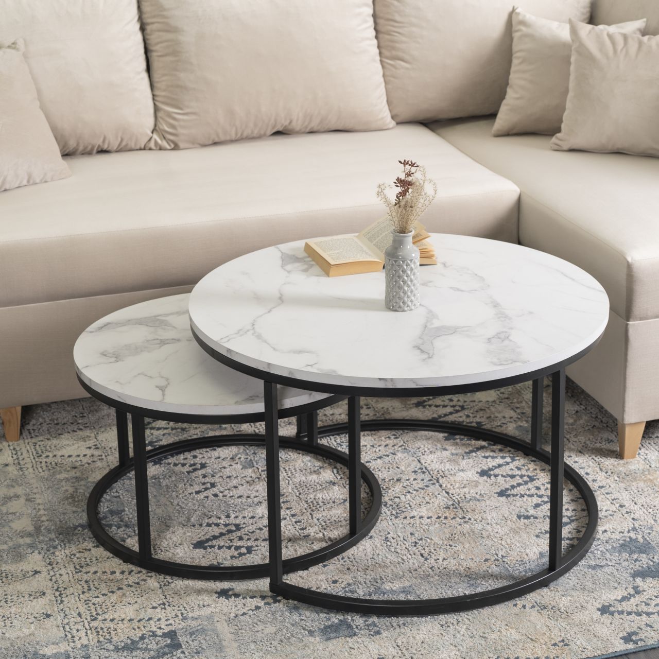 2 Beistelltische Ø 80 und 60 Tischset Couchtisch Ablagetisch Marmorweiß Schwarz