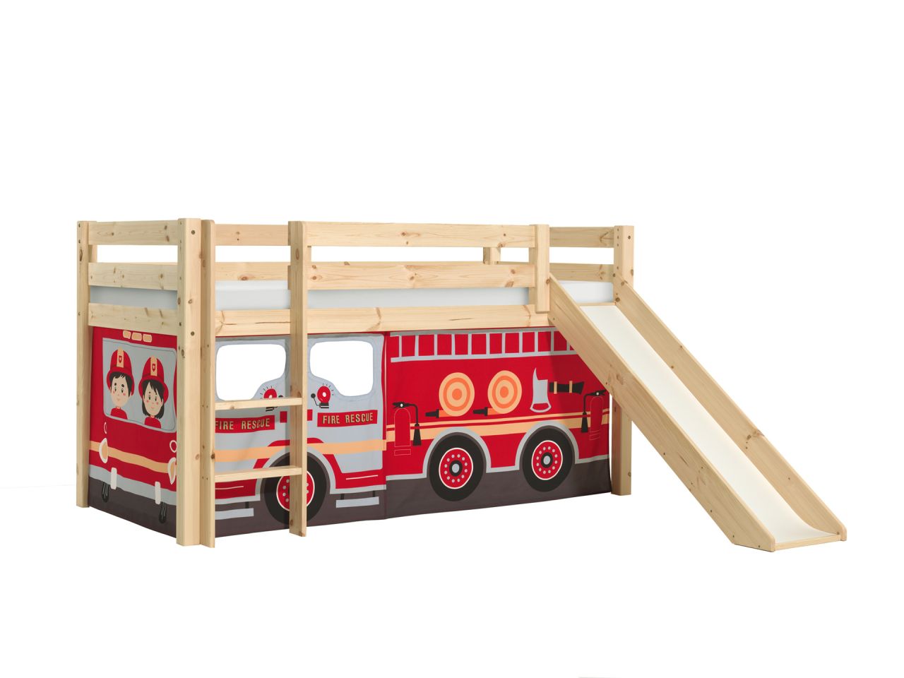 Vipack:'Pino' Halbhohes Spielbett mit Rutsche und Textilset Feuerwehr - Kiefer