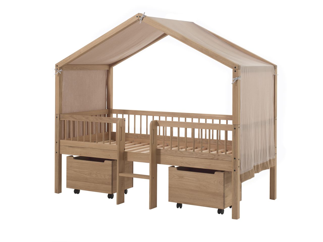 Halbhohes Hausbett Leiter Boxen Himmel Lattenrost 90x200 Spielbett Eiche massiv