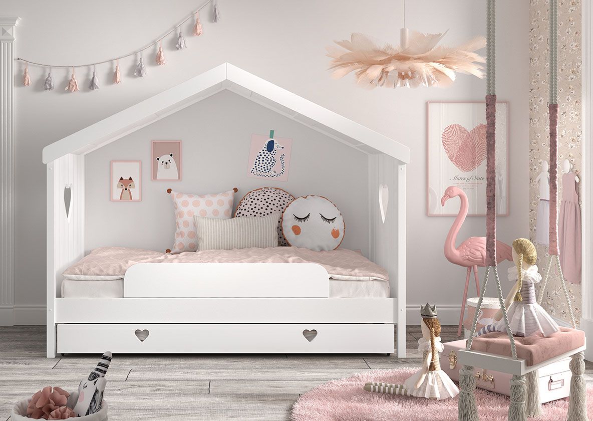 Hausbett 90x200 Bettschublade Lattenrost Absturzschutz Kinder Einzelbett Weiß