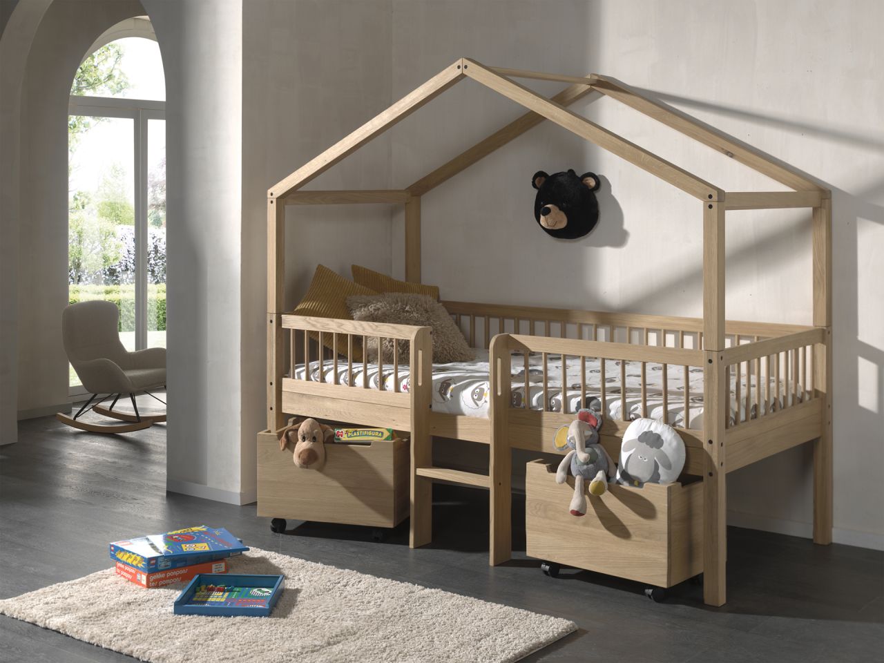 Halbhohes Hausbett Leiter Boxen Lattenrost 90x200 Spielbett Eiche massiv natur