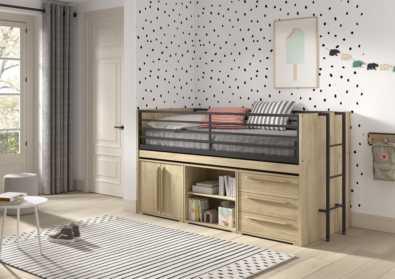 Funktionsbett 90x200 Schreibplatte Regal 2 Kommoden Halbhochbett Spielbett