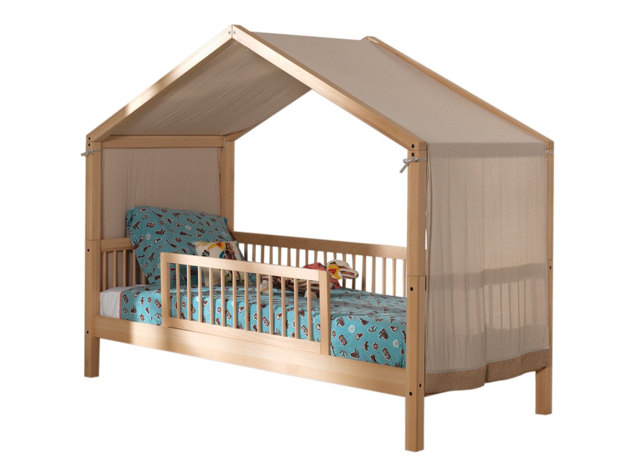 Hausbett 90x200 Himmel Rausfallschutz Lattenrost Spielbett Buche massiv natur