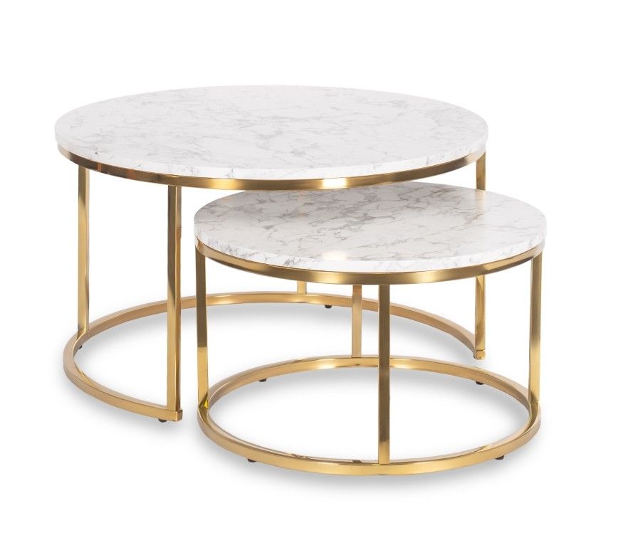 2 Beistelltische Ø 80/60 Tischset Couchtisch Ablagetisch Marmorweiß Gold