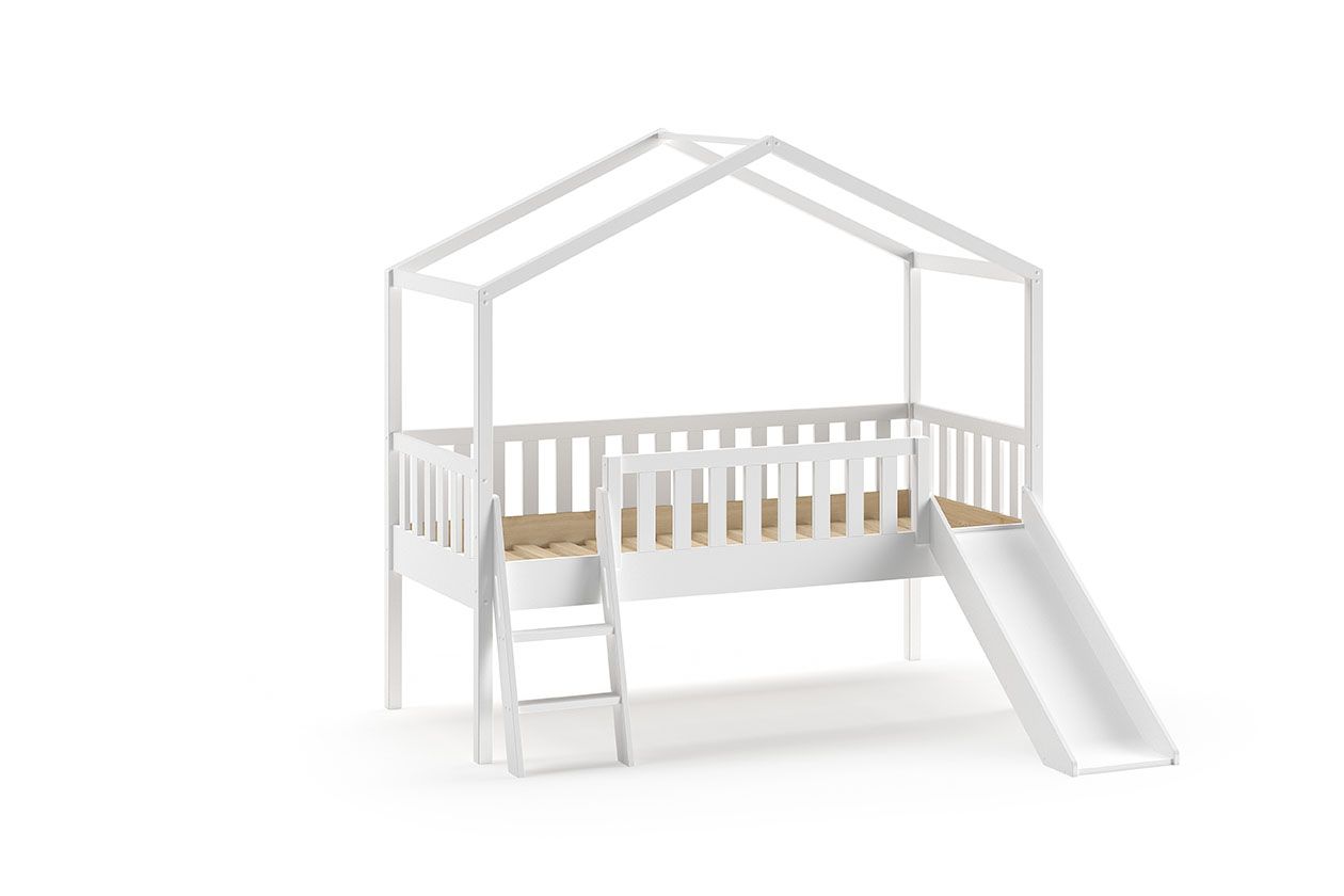Hausbett Rutsche 90x200 Kinderbett Spielbett Holzbett Hochbett Lattenrost Weiß