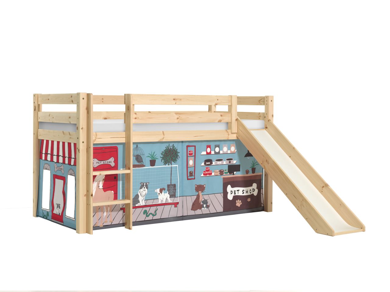 Vipack:'Pino' Halbhohes Bett mit Rutsche und Textilset 'Pet Shop'-Kiefer