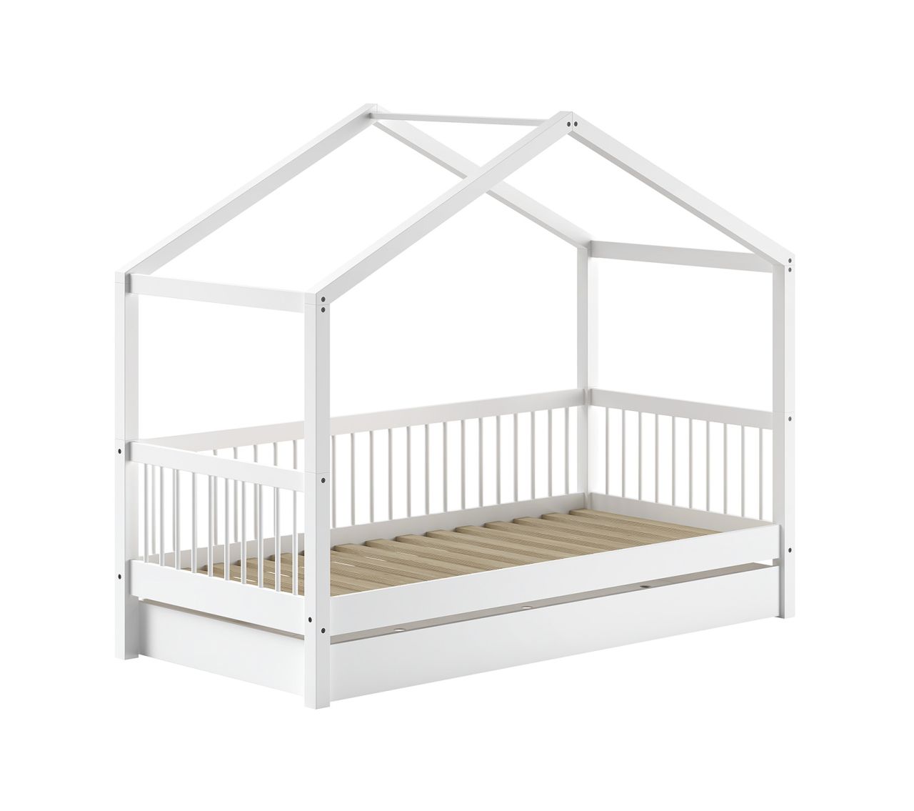 Hausbett 90x200 mit Bettschublade Kindermöbel Lattenrost Spielbett Buche massiv