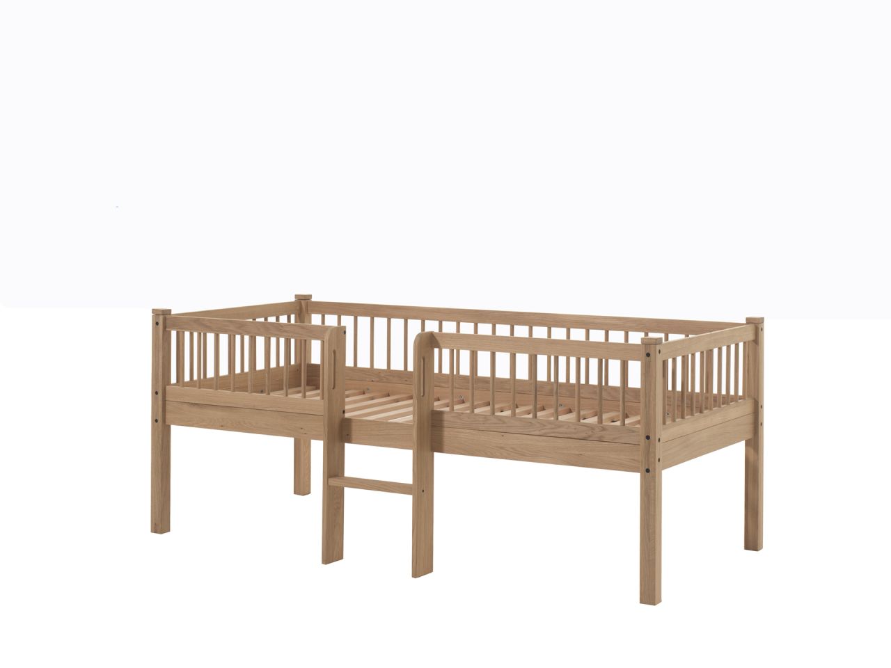Junior-Spielbett Höhe 85 Leiter Lattenrost 90x200 Eiche massiv natur geölt