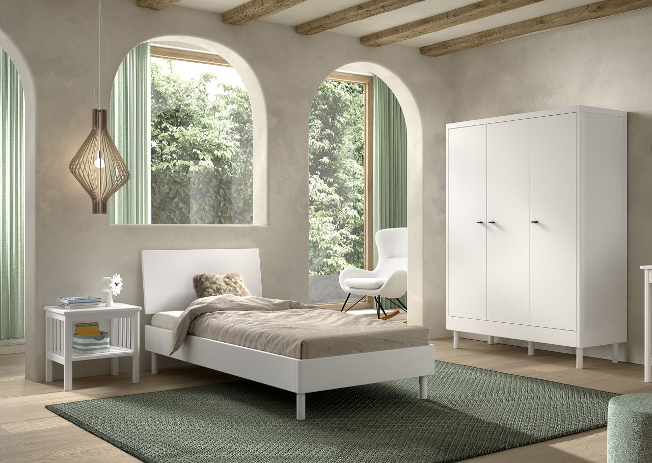 Set Futonbett Schrank 3T Nachtkonsole Lattenrost Buche massiv Weiß lackiert