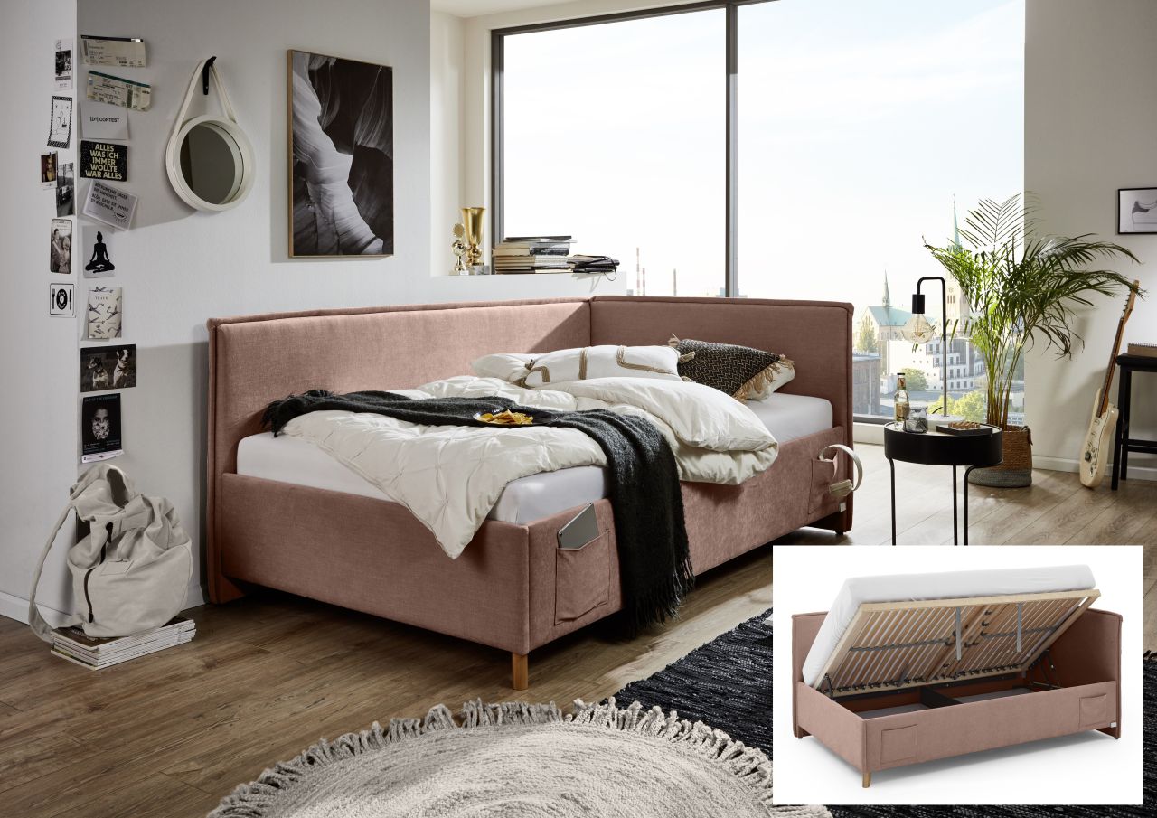 Polsterbett in 3 Größen Lattenrost Rückenteil Bettkasten USB Jugendbett Rose