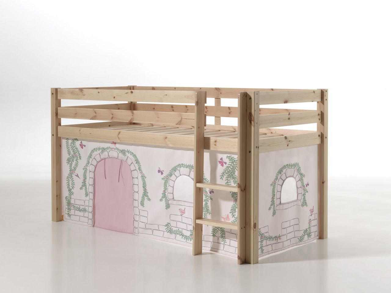 Vipack: 'PINO' Spielbett / Hochbett 90 x 200 mit Vorhang 'Birdy' - Massiv Natur