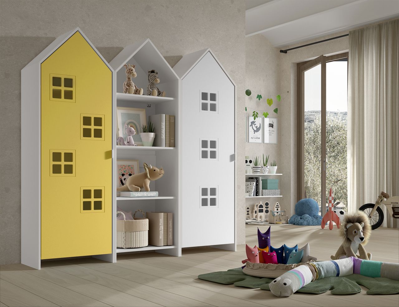 Set: 2 Schränke + Regal CASAMI BRUGES Jugendschrank Wäscheschrank Weiß Gelb