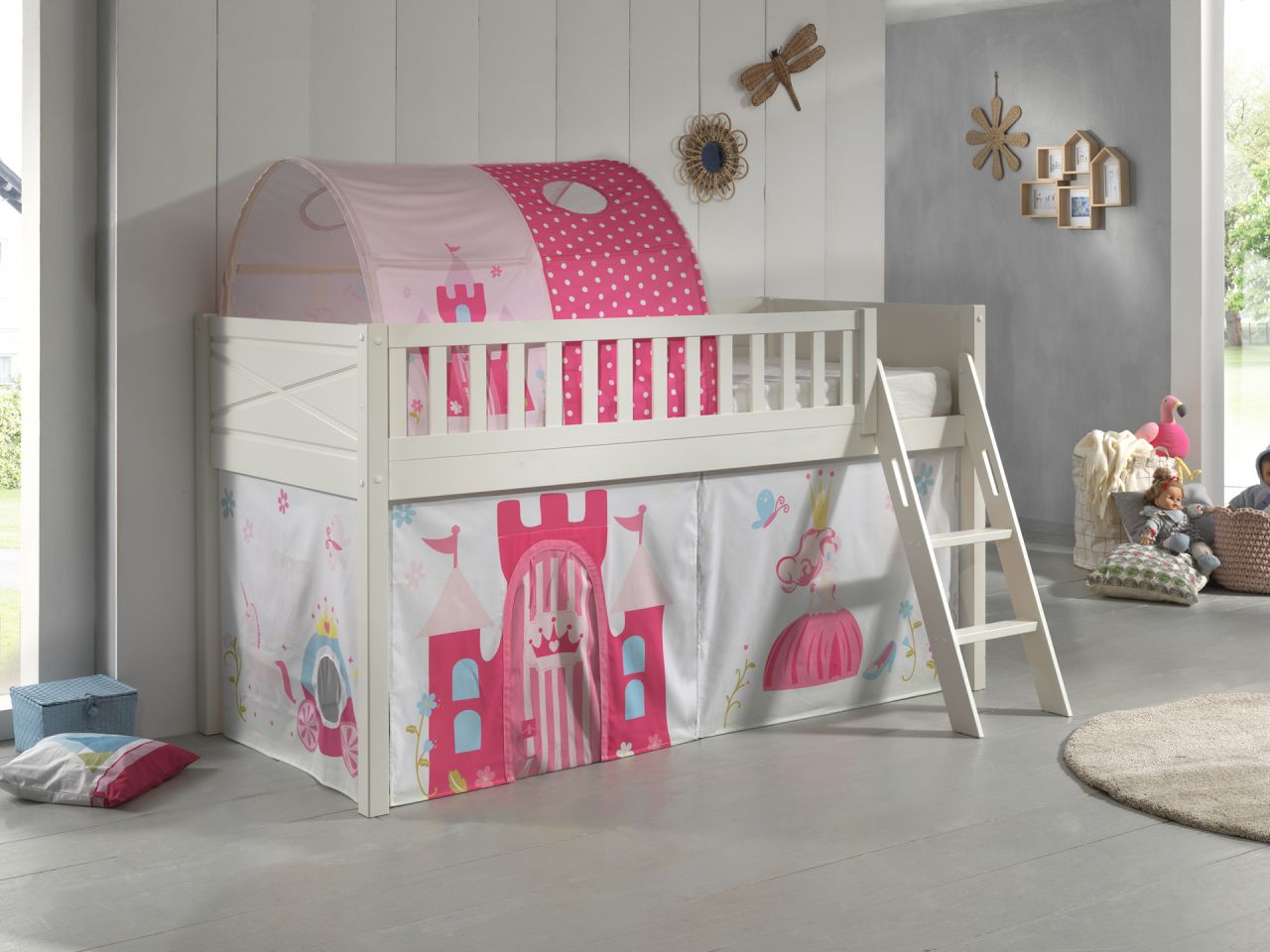 Set Spielbett Vorhang Lattenrost Hochbett Kinderbett 90x200 Prinzessin Pink Rosa