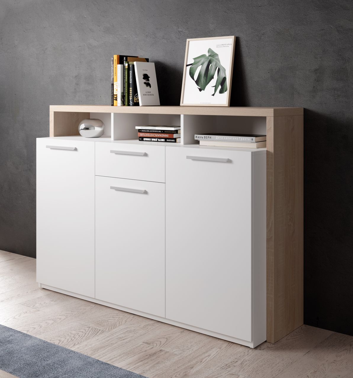Sideboard Kommode 3T/1S Highboard Anrichte Wohnmöbel Schrank Sonoma Eiche / Weiß