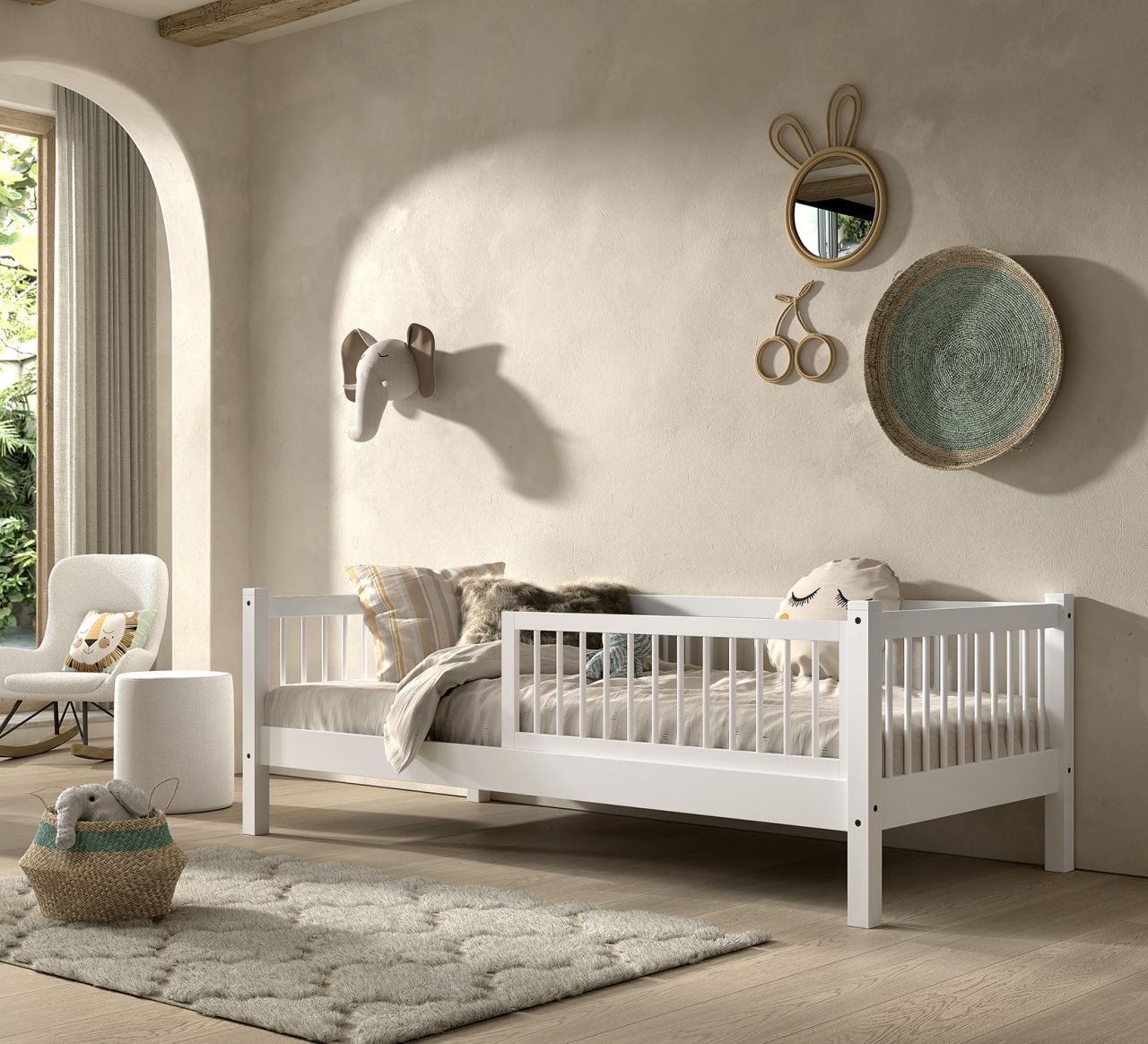 Kojenbett 90x200 Lattenrost Rausfallschutz Kinder- Jugendbett Buche massiv Weiß