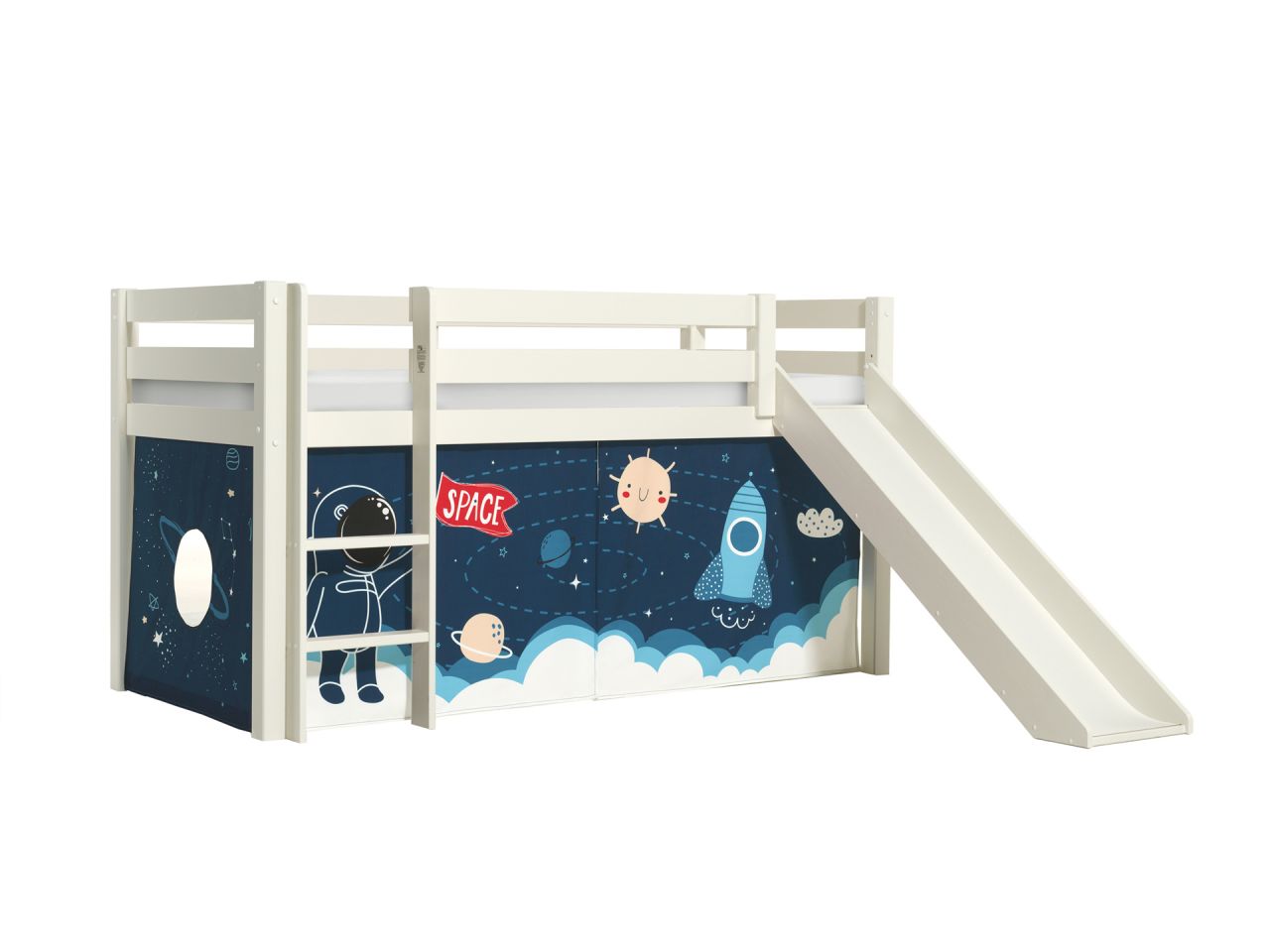 Vipack:'Pino' Halbhohes Bett mit Rutsche+Textilset 'Space Shuttle'-Weiß