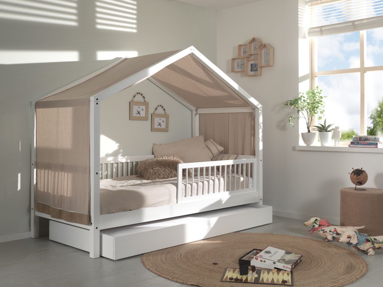 Hausbett 90x200 Bettschublade Textilhimmel Rausfallschutz Lattenrost Buche Weiß