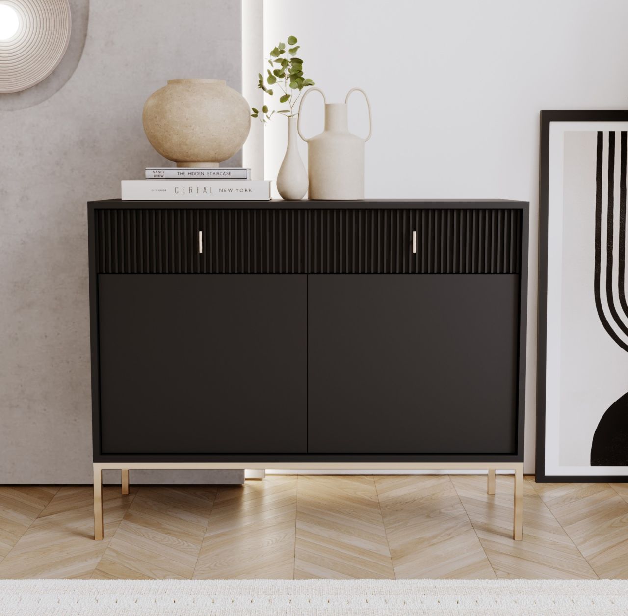 Sideboard Kommode 2T/2S Highboard Anrichte Wohnmöbel Schrank Schwarz Gold