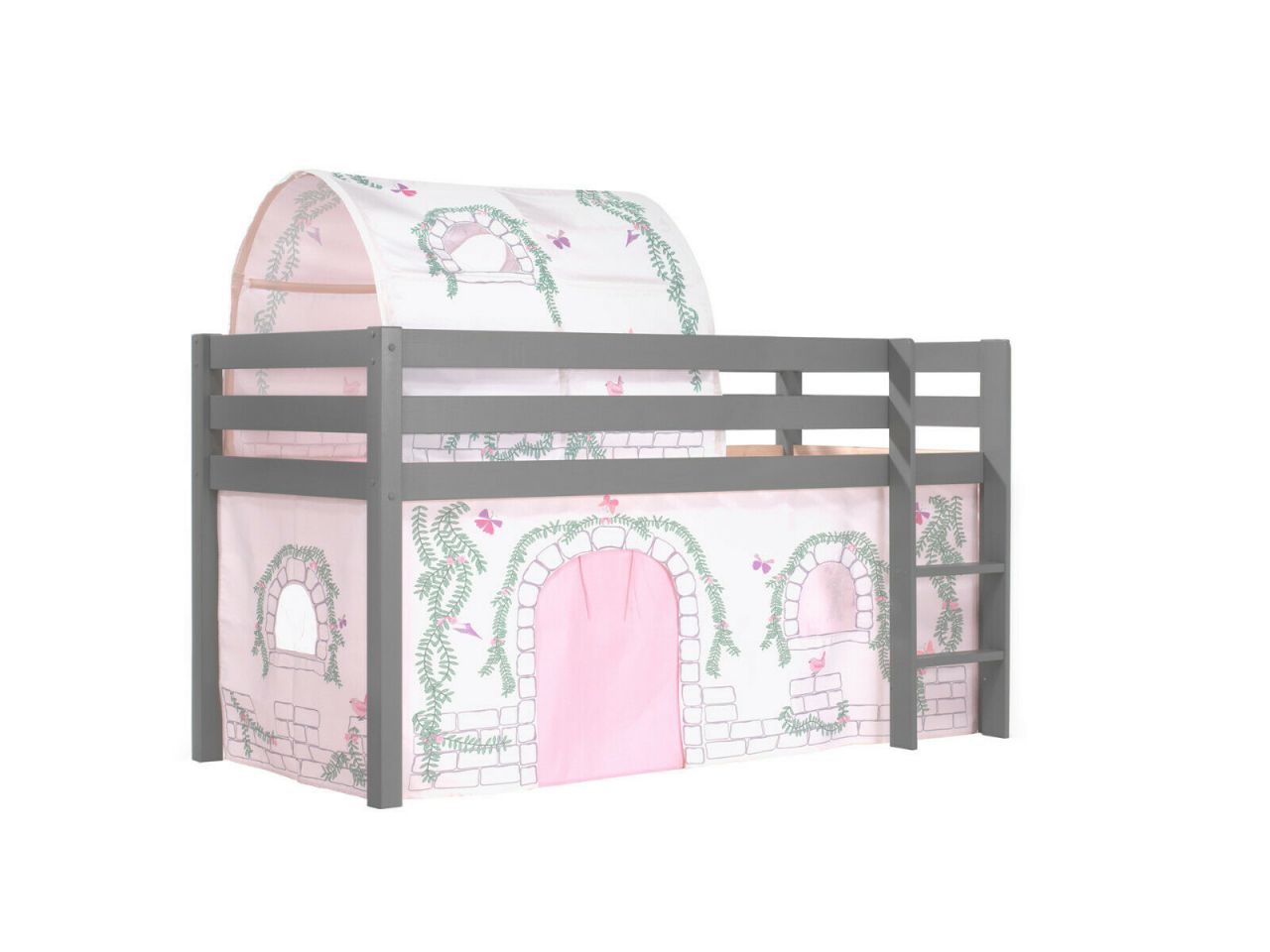 Vipack:Spielbett 'Pino' +Textilset+Tunnel - Jugend/Kinderbett Hochbett Grau