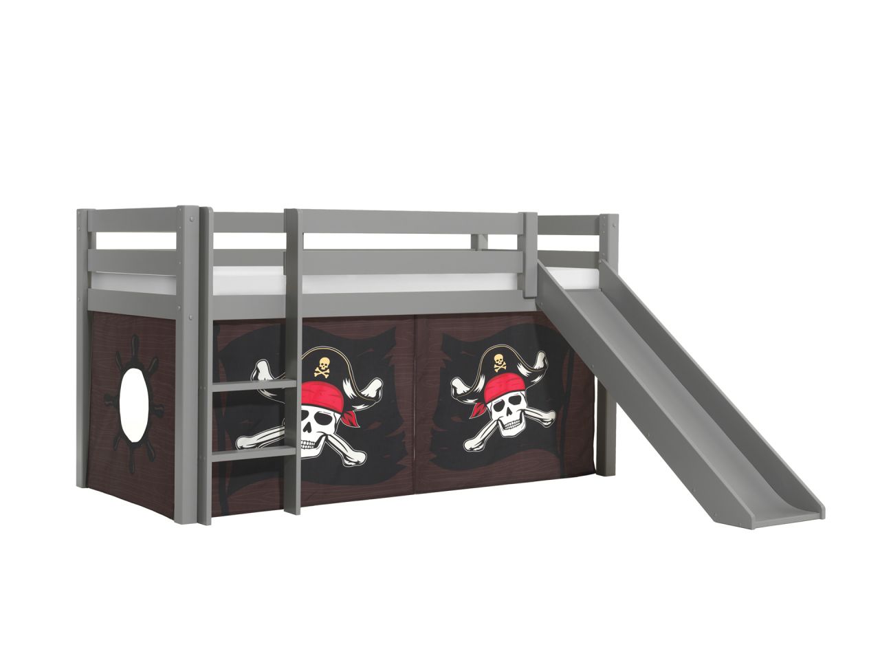 Vipack:'Pino' Halbhohes Bett mit Rutsche+Textilset 'Caribian Pirate'-Grau