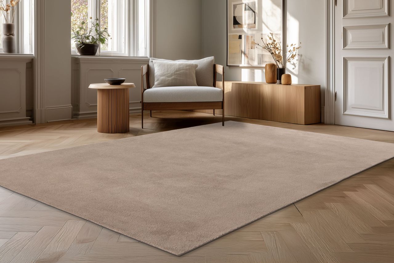 Teppich Höhe 14 mm Kurzflorteppich rechteckig Taupe Wohnzimmer 5 Größen