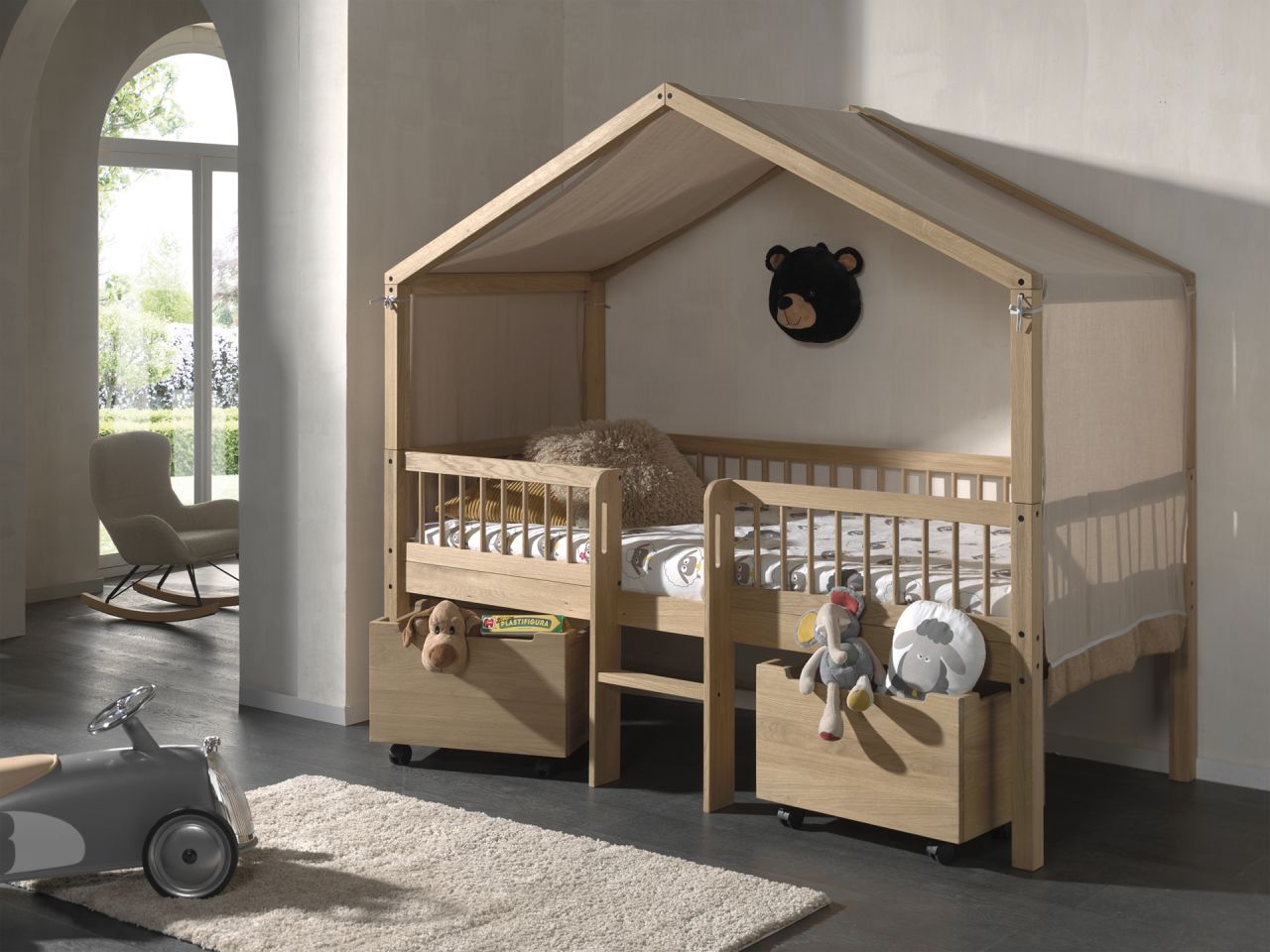 Halbhohes Hausbett Leiter Boxen Himmel Lattenrost 90x200 Spielbett Eiche massiv