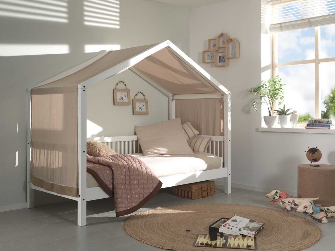 Hausbett Kinderbett 90x200 Textilhimmel Lattenrost Spielbett Buche massiv Weiß