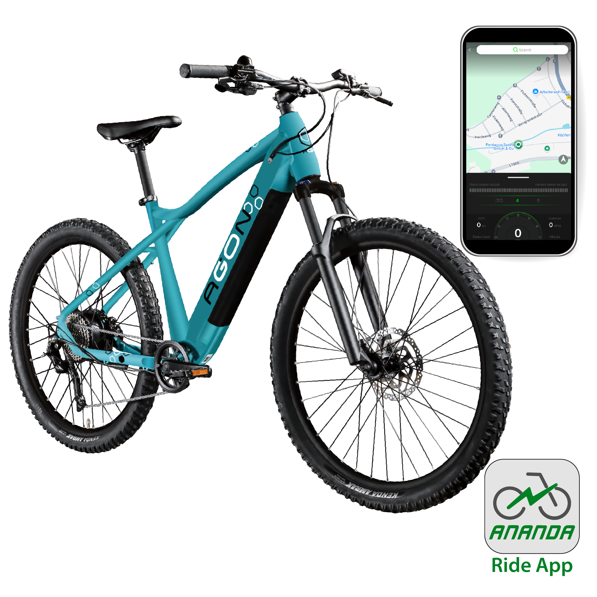 Agon Alpha E Bike Mountainbike Herren oder Damen 160 - 185 cm Pedelec 27,5 Zoll Hardtail MTB Trail mit Ananda Motor 10 Gang 540 Wh