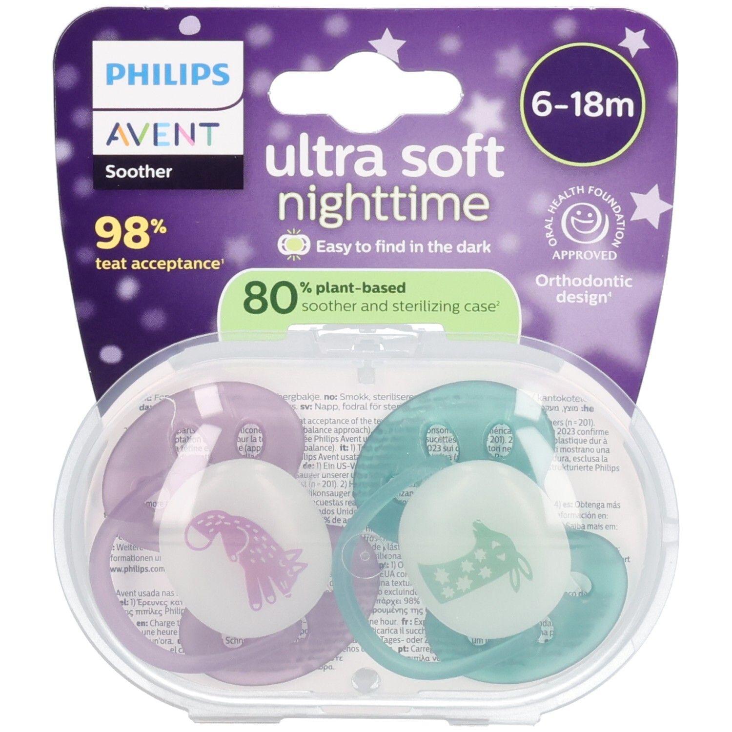 Philips AVENT Schnuller Ultra Soft Night Time 6–18 Monate | Fuchsia/Grün