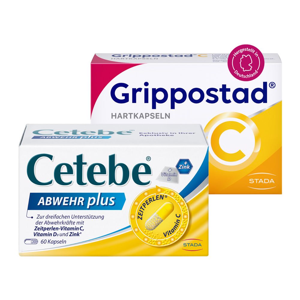 Cetebe® ABWEHR plus mit Vitamin C, Vitamin D3 und Zink + Grippostad C® bei Erkältung und grippalen Infekten