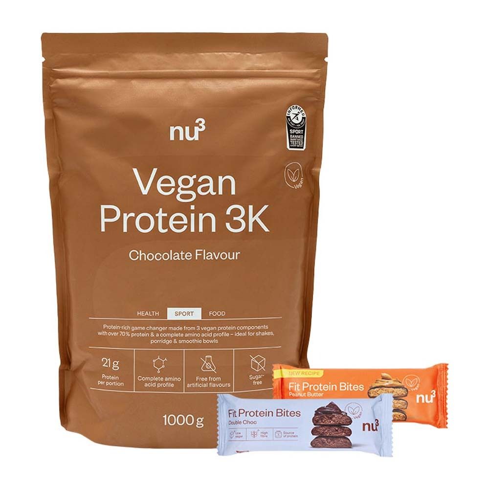 nu3 Vegan Protein 3K Shake, Schokolade + Fit Protein Bites Peanut Butter + Fit Protein Bites Double-Choc