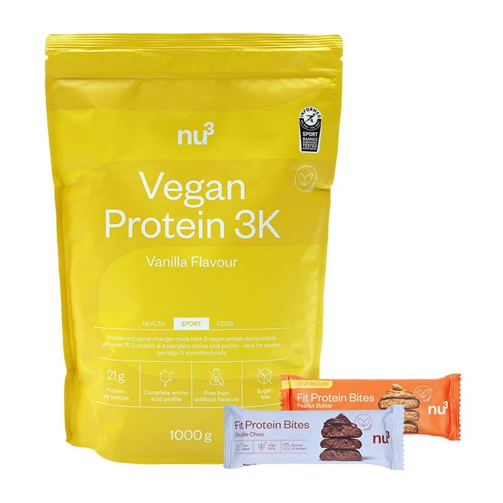 nu3 Vegan Protein 3K Shake, Vanille + nu3 Fit Protein Bites Peanut Butter + nu3 Fit Protein Bites Double-Choc