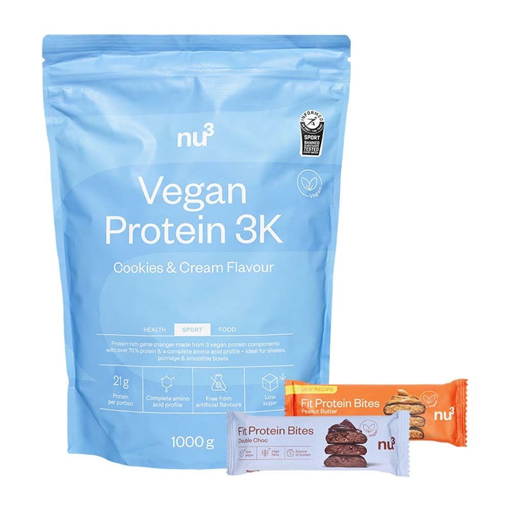 nu3 Vegan Protein 3K Shake, Cookies-Cream + Fit Protein Bites Double-Choc +	Fit Protein Bites Peanut Butter