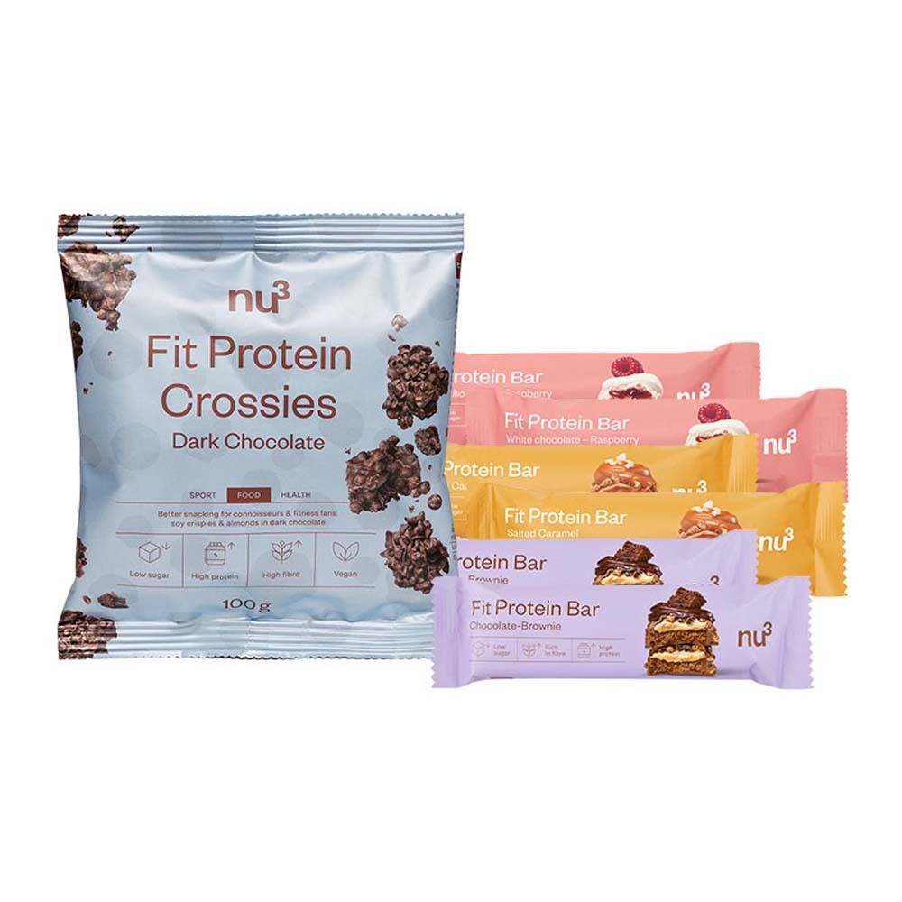 nu3 Fit Protein Crossies + Protein Bar, Salted Caramel + Protein Bar, Chocolate Brownie + Protein Bar, White Chocolate Raspberry