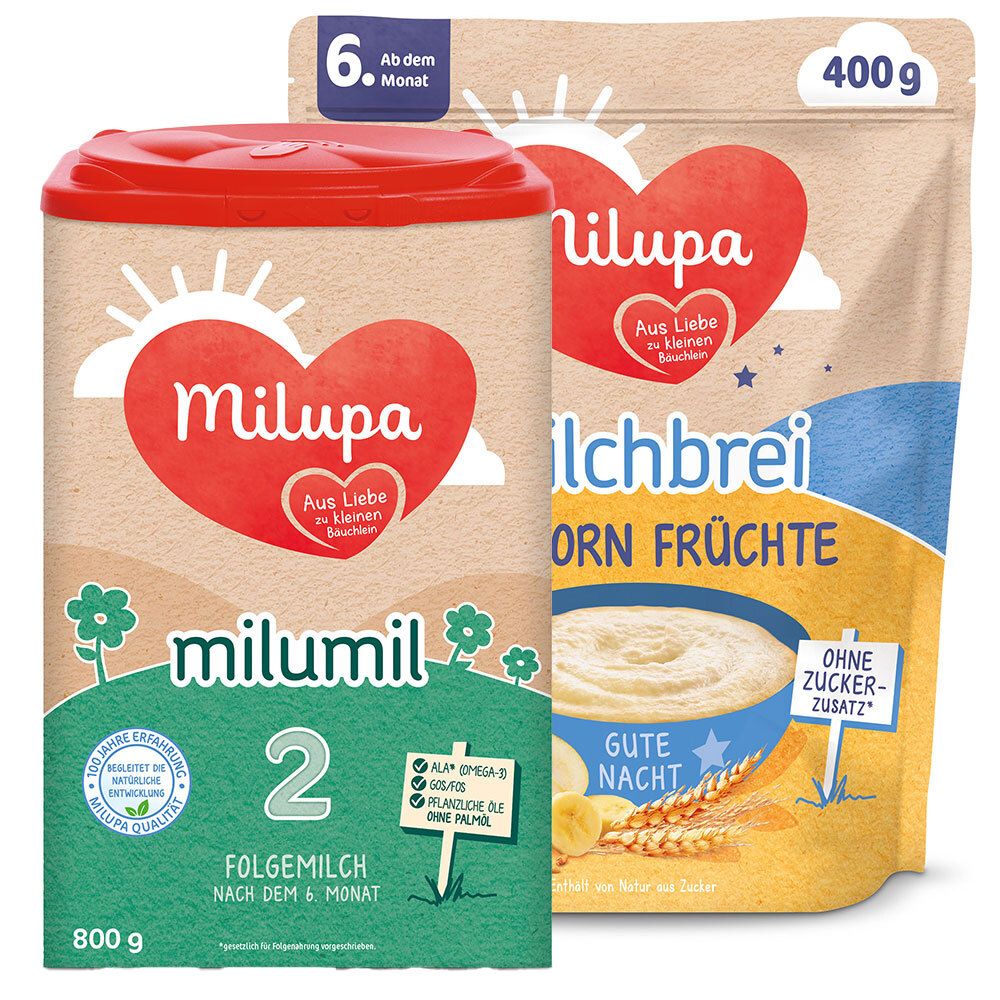 Milupa milumil 2 Folgemilch nach dem 6 Monat + Milupa Gute Nacht Milchbrei Vollkorn Früchte ab dem 6 Monat