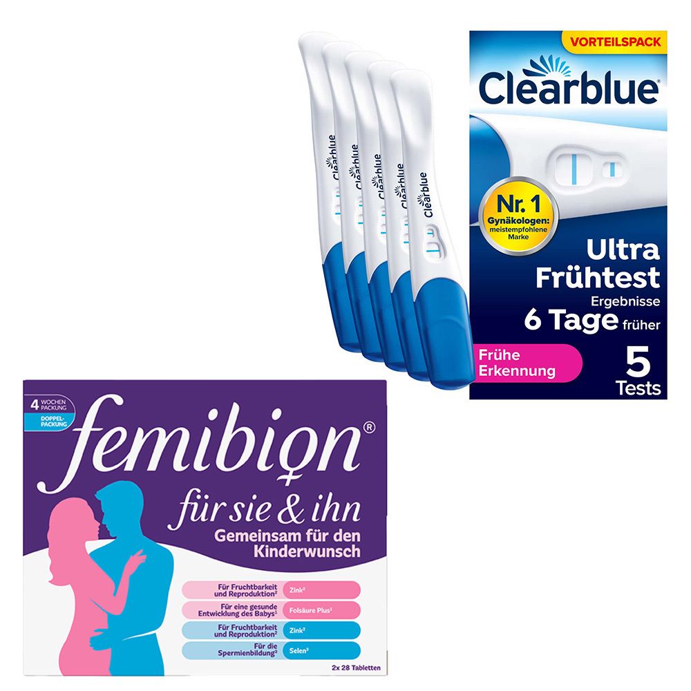 Clearblue Schwangerschaftstest frühe Erkennung 5er + Femibion für Sie & Ihn – Tabletten zur Unterstützung bei Kinderwunsch
