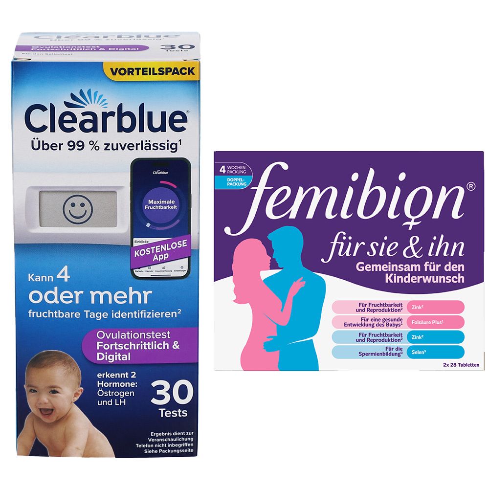 Clearblue Ovulationstest fortschrittlich & digital  + Femibion für Sie & Ihn – Tabletten zur Unterstützung bei Kinderwunsch